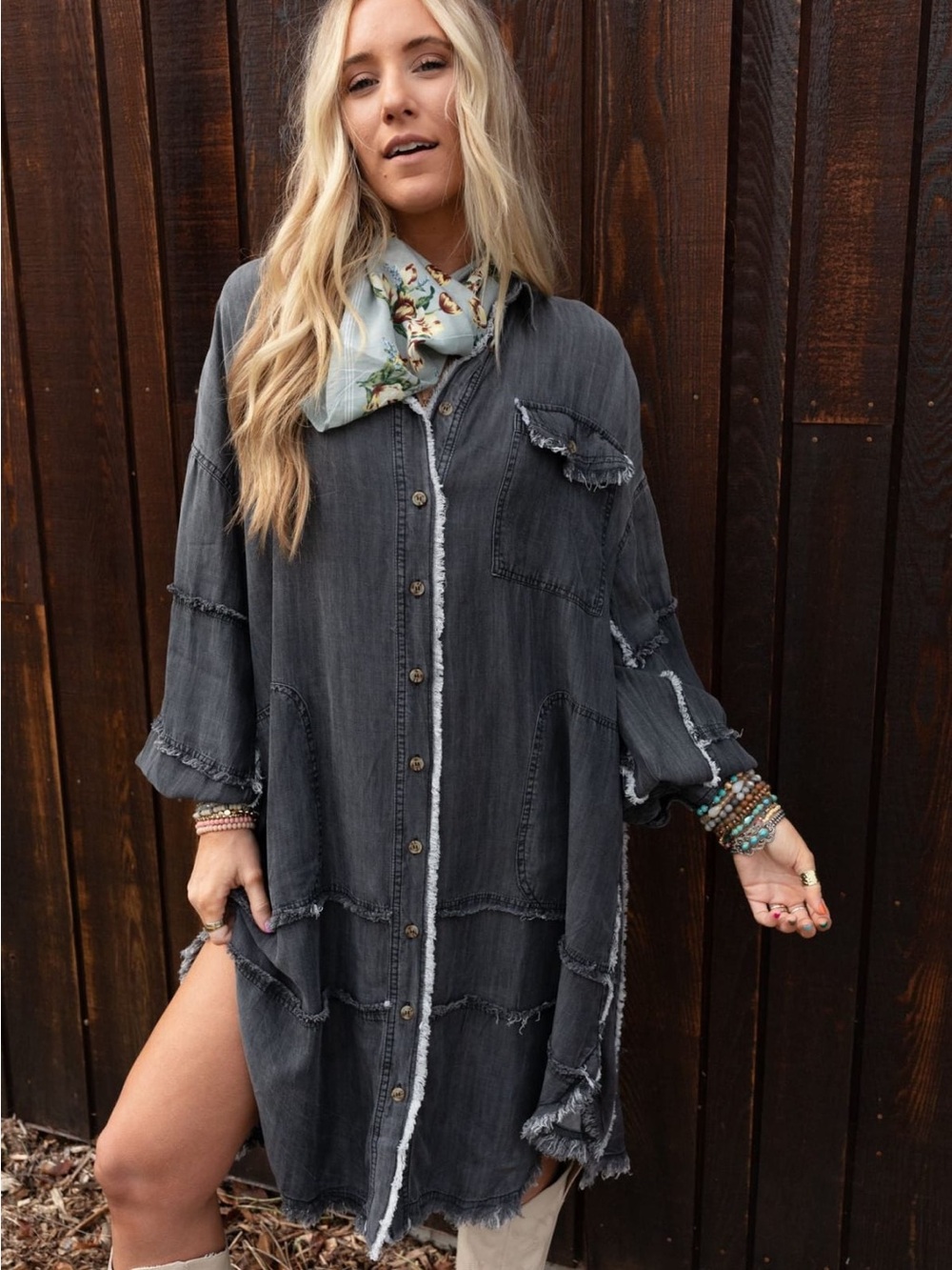 Three Bird Nest Ophelia Oversized Denim Dress L Raw Edge Mineral Wash Shacket - Picture 2 of 7
